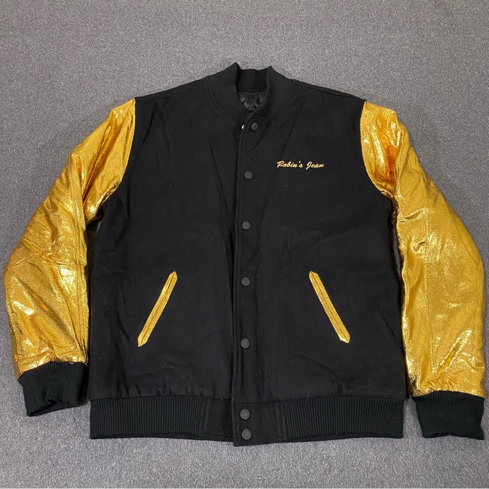ROBIN'S JEAN VARSITY JACKET IN BLACK AND GOLD Size XL